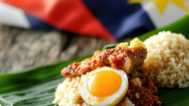 Nasi lemak is beautifully arranged on a piece of banana leaf, featuring fragrant rice, crispy fried chicken, a boiled egg, and fresh cucumber slices. The background includes national flags.