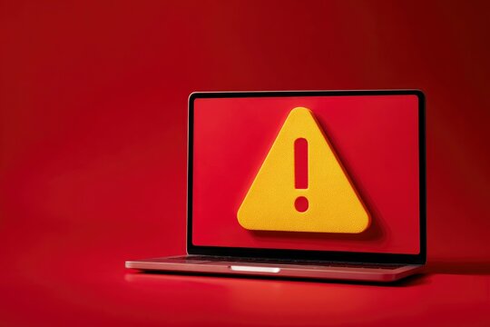 A red background with a laptop displaying a yellow warning symbol on its screen