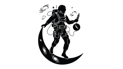 Naklejka premium Astronaut exploring cosmic dreamscape on crescent moon with swirling galaxies