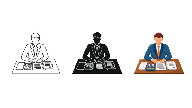 Accountant or businessman working at a desk with documents and calculator, depicted in three varied styles