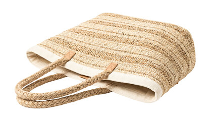 fClose-up of woven straw tote bag with textured natural fibers and handles Png