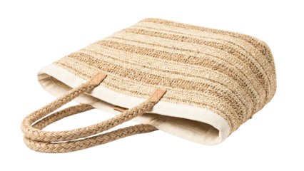 fClose-up of woven straw tote bag with textured natural fibers and handles Png