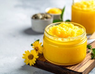 Close-up of clarified butter in jars, with blossoms and seeds