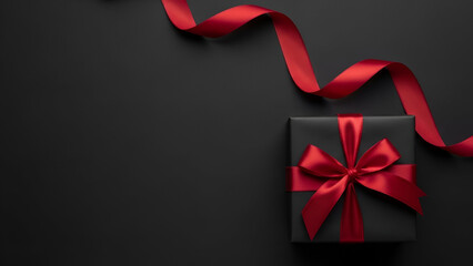 Black gift box with red ribbon on dark background present