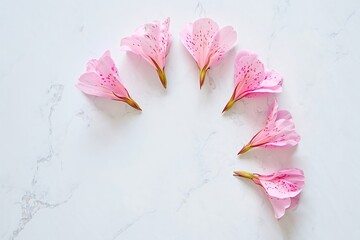 Delicate pink alstroemeria flowers arranged in a circle on marble surface