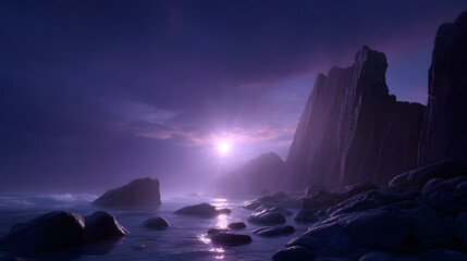 Coastal Serenity at Dusk: A tranquil coastal scene unfolds as the sun dips below the horizon, bathing the rugged cliffs and serene waters in hues of purple and blue. Witness the calm of twilight.