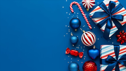 Blue Christmas Flat Lay with Gifts, Ornaments, and Candy Cane