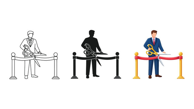 Businessman cutting a red ribbon with golden scissors at a grand opening ceremony, shown in three distinct styles