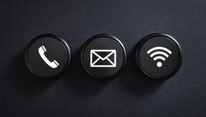 Three black keyboard keys with icons for phone, email, and Wi-Fi—minimalist symbols of digital communication on dark surface evoke clarity, tech utility, and modern connectivity.