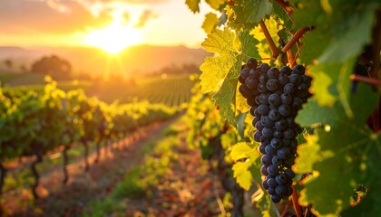Fototapeta premium Rows of grapes in a vineyard bask in golden sunset light