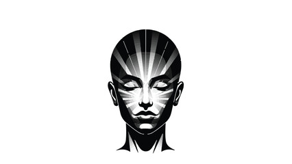 Meditative face with radiating light patterns symbolizing enlightenment and inner peace.