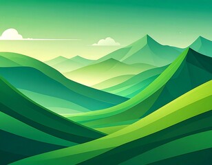 Obraz premium Stylized illustration of rolling green hills and mountains under a gradient, pale green sky