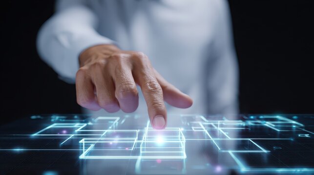 Person interacts with computer button interface hand makes contact with device control element