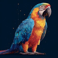Low poly macaw silhouette with geometric patterns in blue and orange, glowing outlines on black background, modern digital art