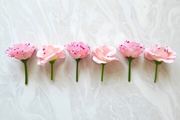 Elegant pink ranunculus flowers in a row against marble background