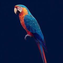 Low poly macaw silhouette with geometric patterns in blue and orange, glowing outlines on black background, modern digital art