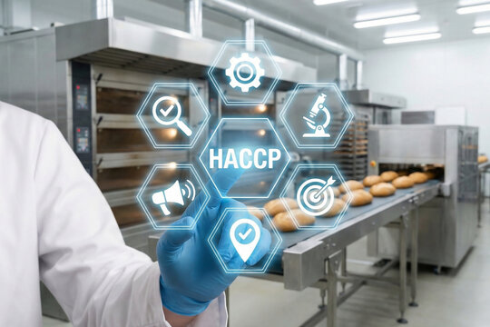 Bakery production manager monitoring bread conveyor belt with futuristic HACCP digital dashboard for quality control in industrial oven facility and manufacturing