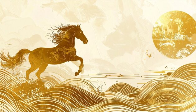 Elegant Japanese-style New Year's illustration featuring a golden horse running against a backdrop of Mount Fuji and traditional wave patterns. Perfect for 2026 zodiac greeting cards and seasonal desi