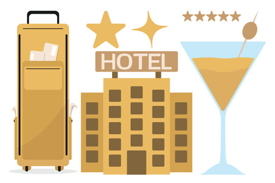 Guest experience kit with hotel symbol luggage and drink for welcome packs newsletters and posters