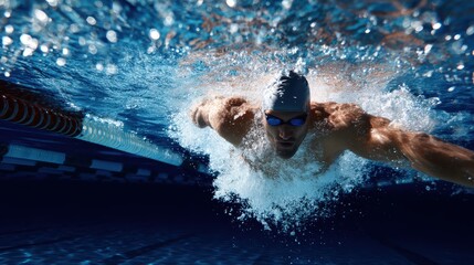 Man swims in pool wearing hat individual enjoys swimming activity in pool wears hat
