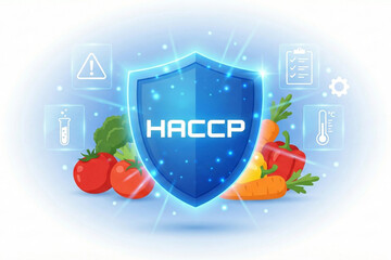 3D blue security shield illustration with HACCP text and fresh vegetables representing food safety protection and quality assurance certification symbol