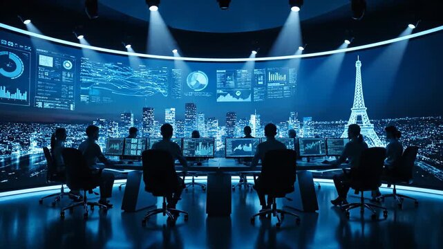 Team of Analysts in a High Tech Control Room with Holographic Screens.
