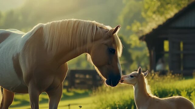 A mare stands gracefully in a lush green meadow, watching her playful foal nearby. The sun sets behind the mountains, casting a warm glow over the serene landscape.