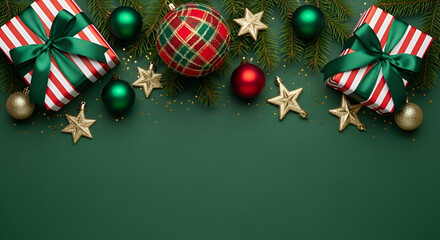 Christmas Gifts and Ornaments Border on Green Background