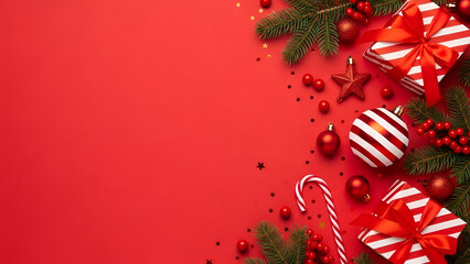 Christmas Gifts and Ornaments Border on Red Background