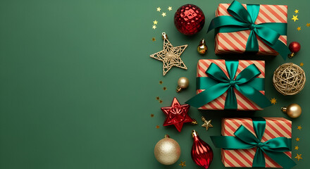Christmas gifts and ornaments on a green background