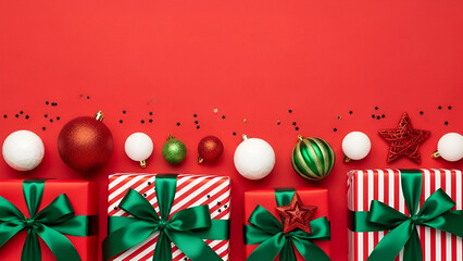 Christmas Gifts and Ornaments on a Red Background 061269099873bd4bf864e2010ac63092dr