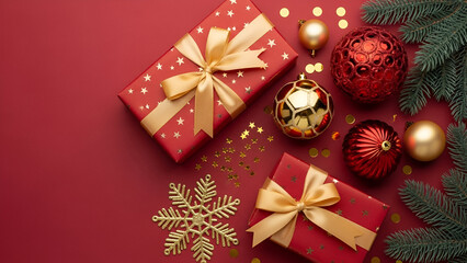 Christmas Gifts and Ornaments on a Red Background Keywords: Christmas, gifts, presents, red