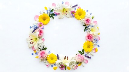 Floral Wreath Arrangement with Roses Lilies and Daisies on White Background