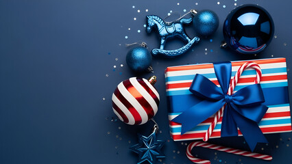 Christmas Gifts and Ornaments on Dark Blue Surface