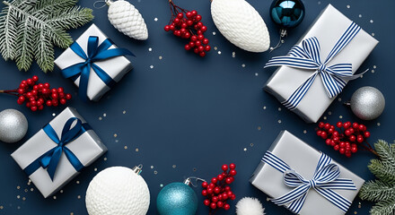 Christmas Gifts and Ornaments on Dark Blue Background