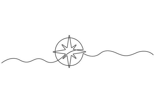 Road compass continuous one line drawing on white background minimalist travel outline vector illustration