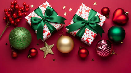 Christmas Gifts and Ornaments on Red Background presents