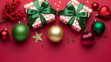 Christmas Gifts and Ornaments on Red Background presents