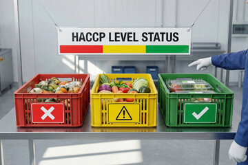 Quality grading station with color coded crates sorting vegetables by HACCP level status from rejected waste to approved packaged product in factory
