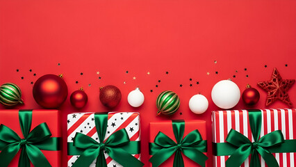 Christmas Gifts and Ornaments on Red Background presents