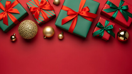 Christmas Gifts and Ornaments on Red Background presents