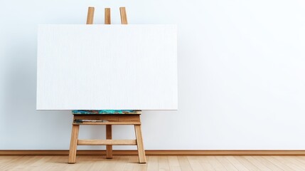 White canvas rests on sturdy wooden easel unpainted canvas awaits inspiration on its stand