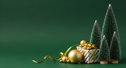 Christmas Gifts and Trees on a Green Background presents