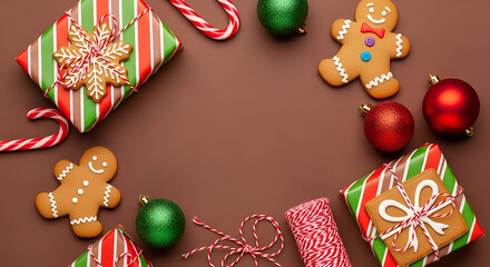 Christmas Gifts Gingerbread Cookies And Candy Canes On Brown Background