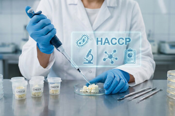 Dairy scientist using pipette for microbiological testing on cheese samples in petri dishes with digital HACCP interface for fermentation control and analysis