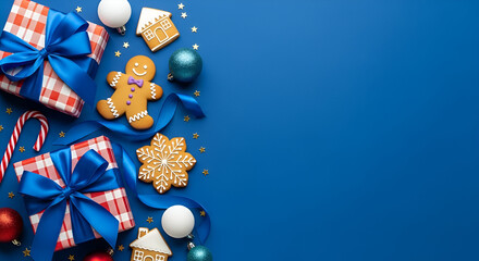 Christmas Gifts Gingerbread Cookies and Ornaments on Blue Background