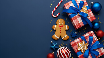 Christmas Gifts Gingerbread Man and Ornaments on Blue