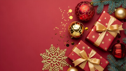 Christmas Gifts Ornaments and Snowflake on Red Background