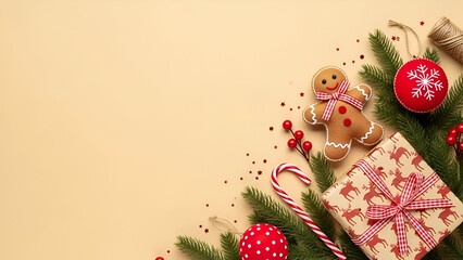 Christmas Gingerbread Man and Gifts on Beige Background