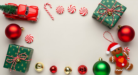 Christmas Holiday Flat Lay With Gifts Truck Ornaments And Candies